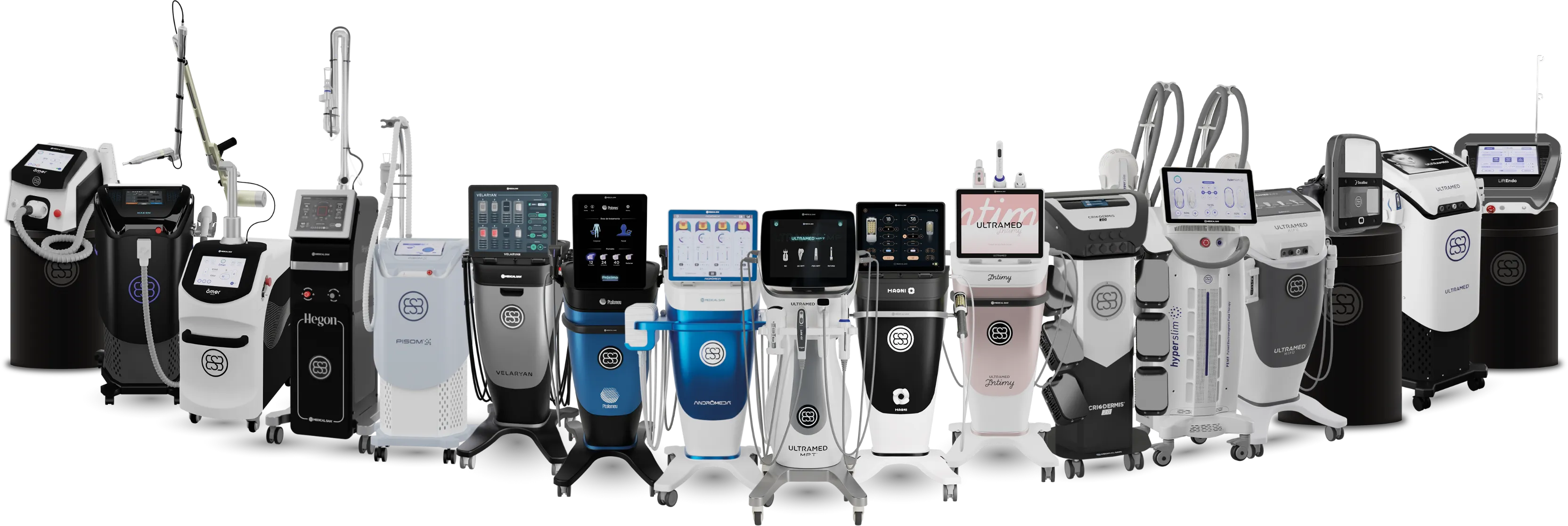 A linha de equipamentos Medical San lado a lado: laser, ultrassom, radiofrequência e criofrequência